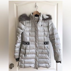 Womens Streetwear Goose Down Blue Fox fur Puffer Coat Womens Size XS CASTELBAJAC